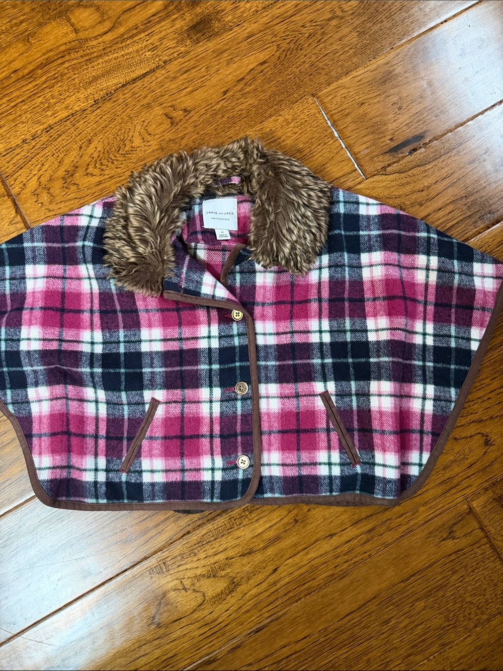 Janie and Jack Pink Plaid Faux-Fur Collar Cape